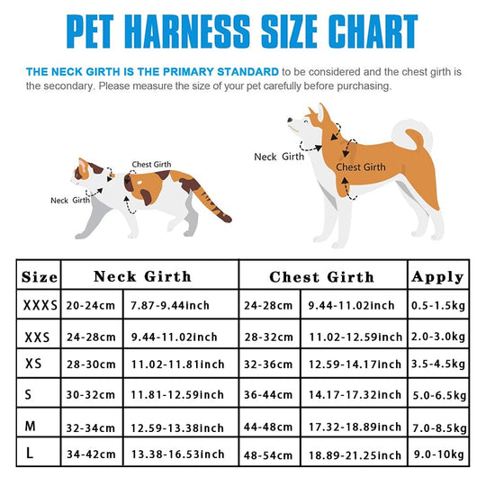 Reflective Dog Harness Leash Set - Size Chart