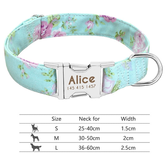 Dog Collar with Engraved ID Tag - Green Floral
