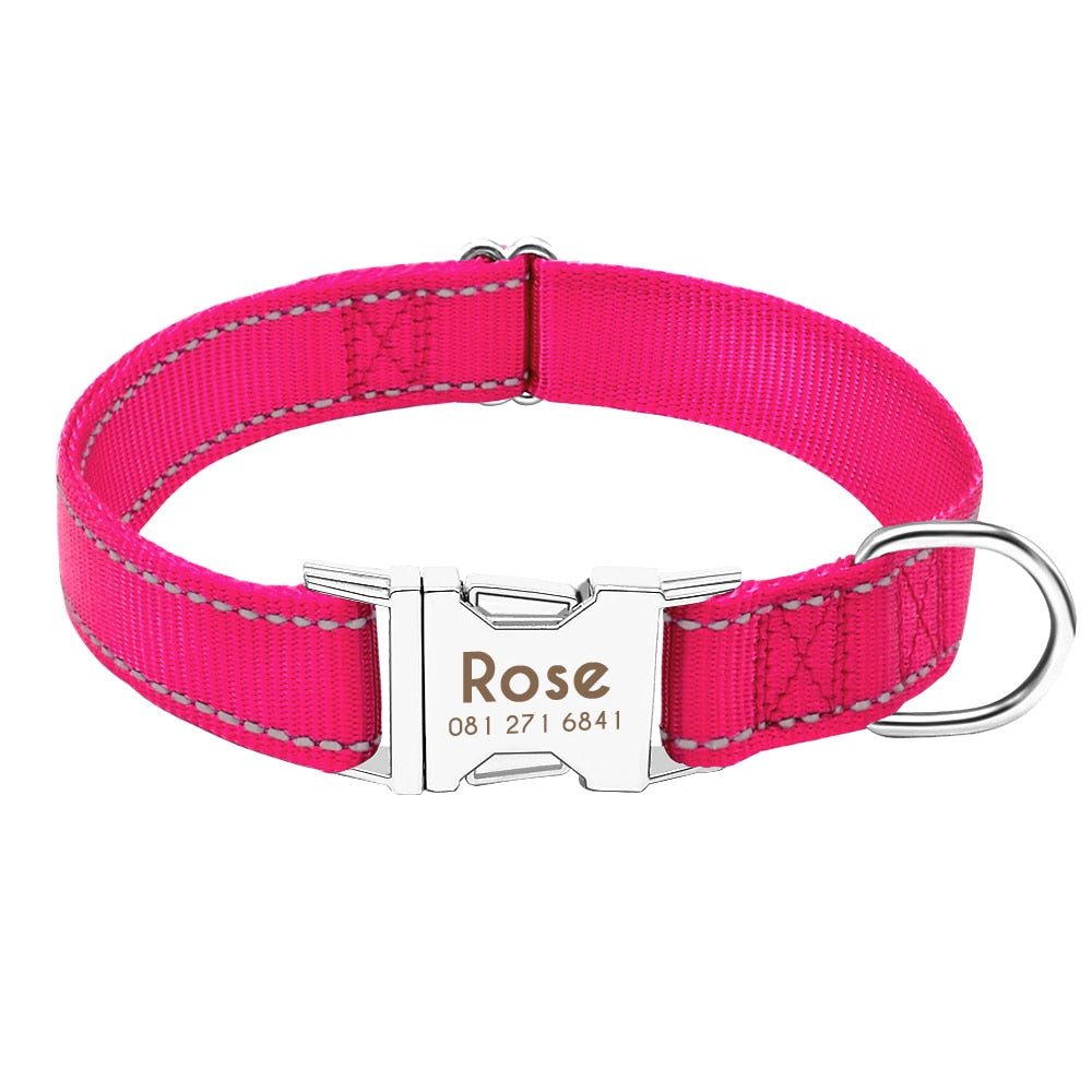 Reflective Nylon Personalized Dog Collar- Rose Red