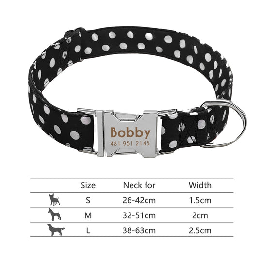 Dog Collar with Engraved ID Tag - Black Dots