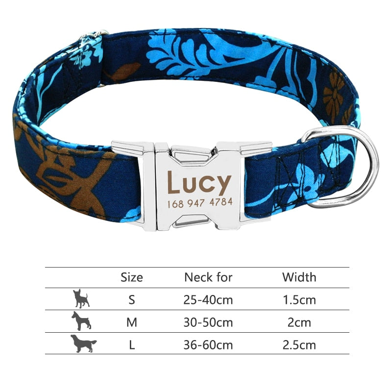 Dog Collar with Engraved ID Tag - Blue Floral