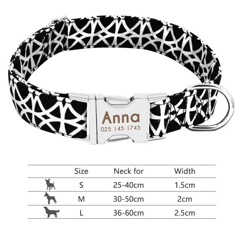 Dog Collar with Engraved ID Tag - Black/White