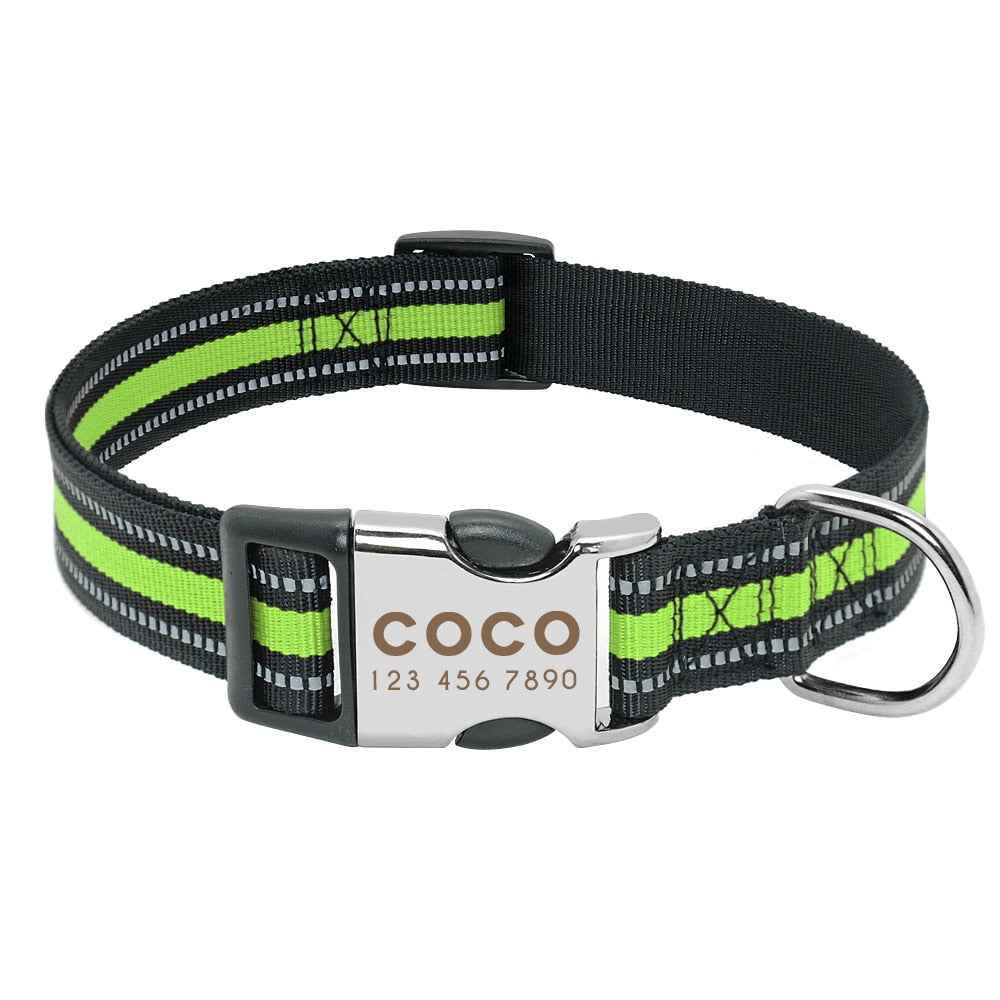 Dog Collar with Engraved ID - Black/Green