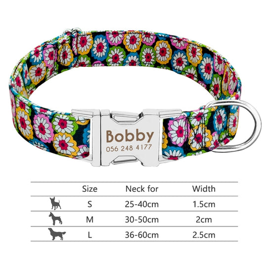 Dog Collar with Engraved ID Tag - Floral