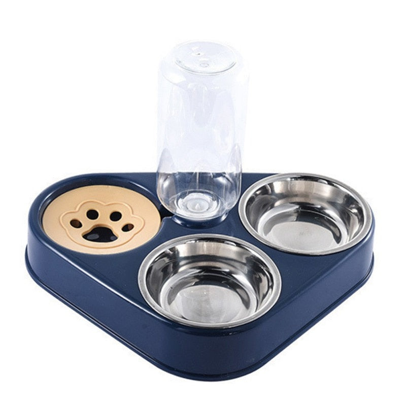 Automatic Stainless Steel Food Bowl with Water Dispenser - 3 in 1 - Navy Blue