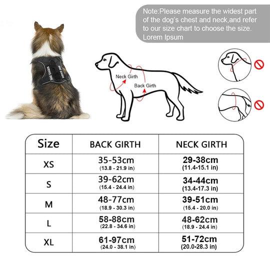 No pull Reflective Tactical Dog Harness With Free Patches - Size Chart