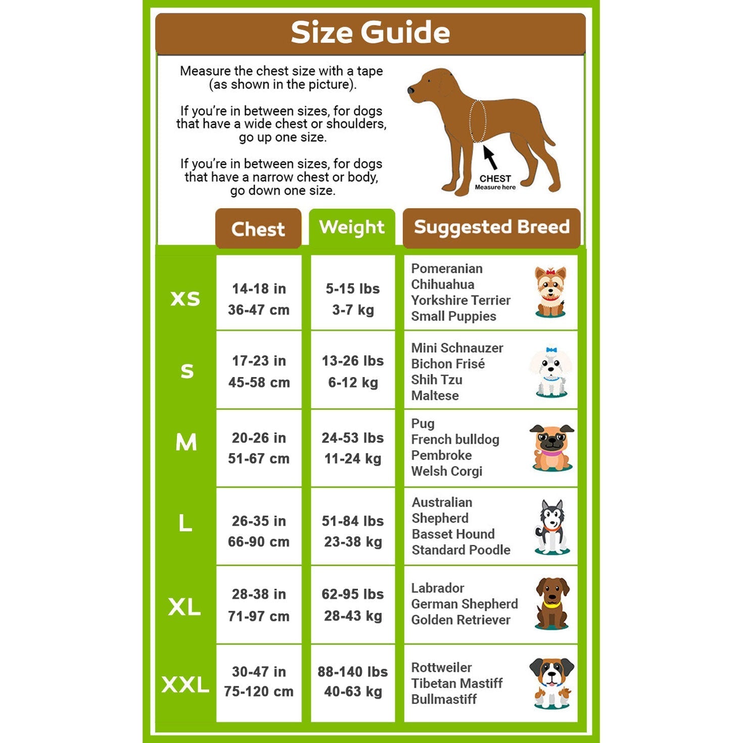 MyDoggyNeeds size guide showing how to measure dog chest and neck for perfect fit