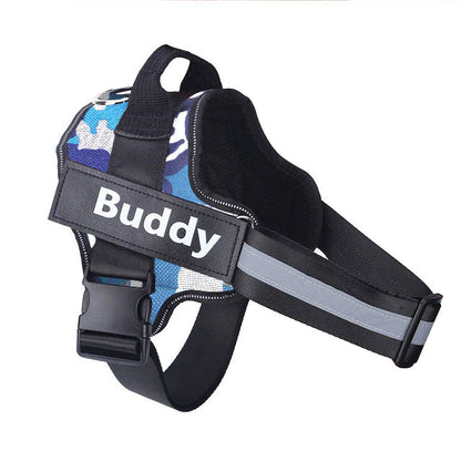 Personalized blue camouflage no-pull dog harness for comfortable walking and control