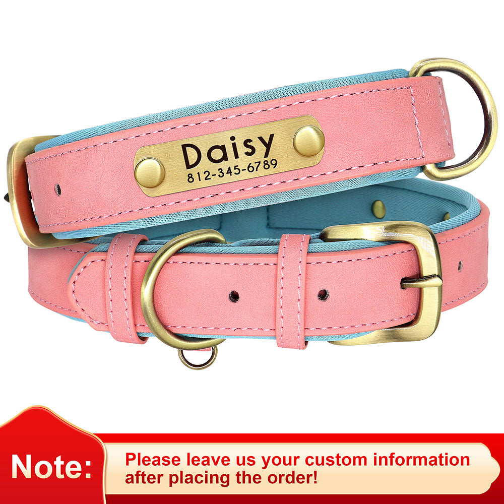 Leather Dog Collars with Engraved Nameplate - Pink