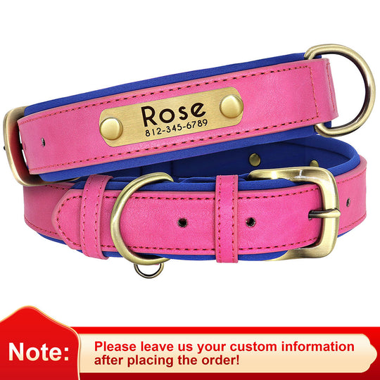 Leather Dog Collars with Engraved Nameplate - Rose Red