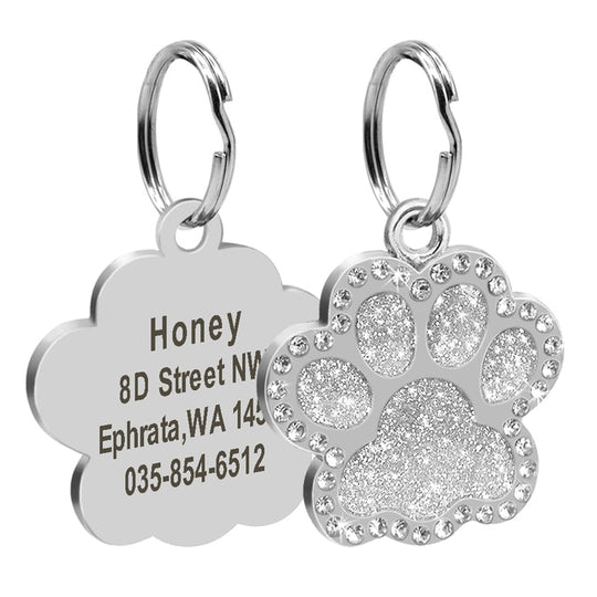 Personalized Dog ID Name Tags Paw Glitter Pendant - Shiny Silver
