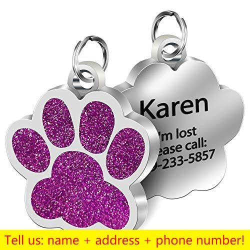 Personalized Dog ID Name Tags Paw Glitter Pendant -  Purple