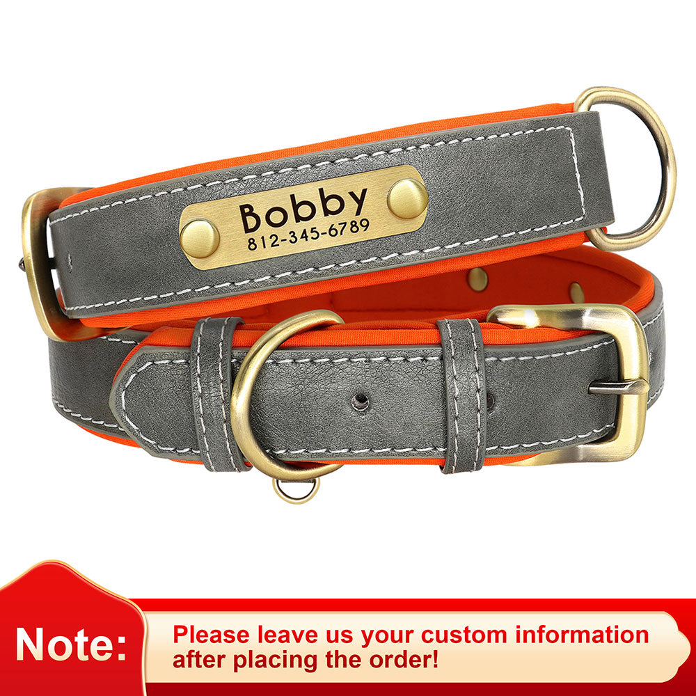 Leather Dog Collars with Engraved Nameplate - Gray