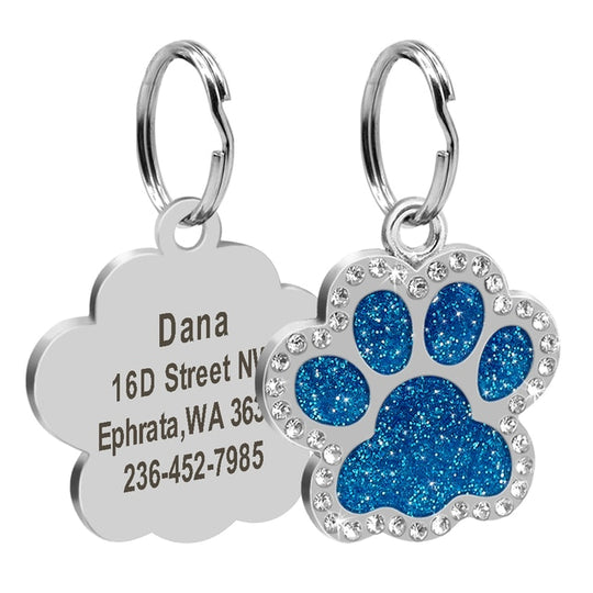 Personalized Dog ID Name Tags Paw Glitter Pendant - Shiny Blue