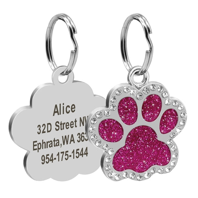 Personalized Dog ID Name Tags Paw Glitter Pendant - Shiny Rose Red