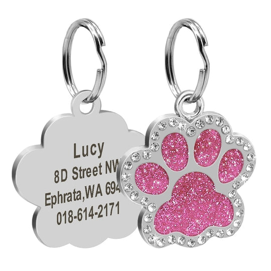Personalized Dog ID Name Tags Paw Glitter Pendant - Shiny Pink
