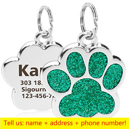Personalized Dog ID Name Tags Paw Glitter Pendant -  Green