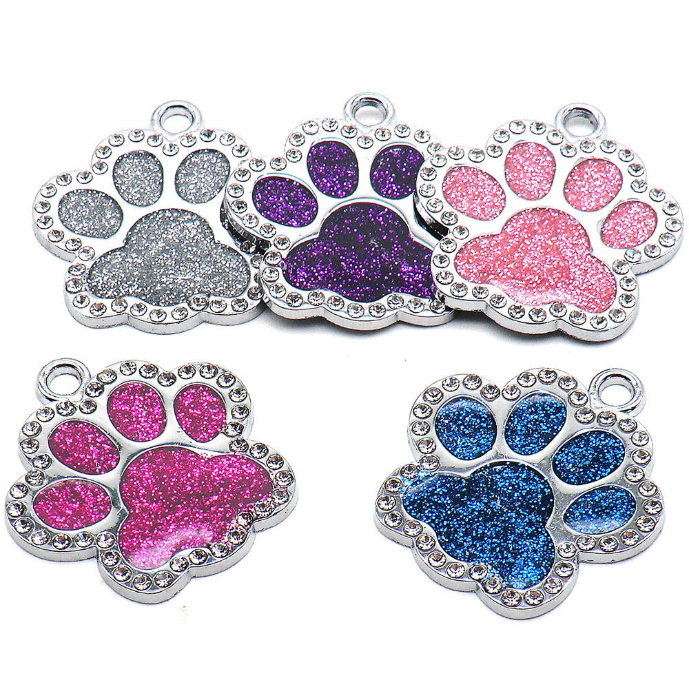 Personalized Dog ID Name Tags Paw Glitter Pendant  