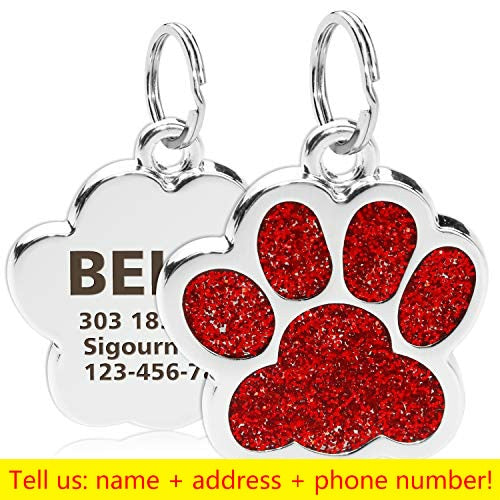 Personalized Dog ID Name Tags Paw Glitter Pendant -  Red