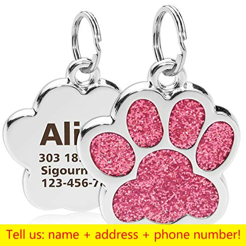 Personalized Dog ID Name Tags Paw Glitter Pendant -  Pink