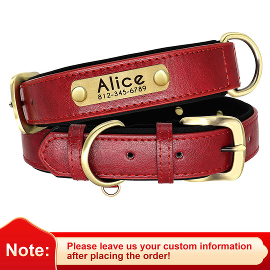 Leather Dog Collars with Engraved Nameplate - Red